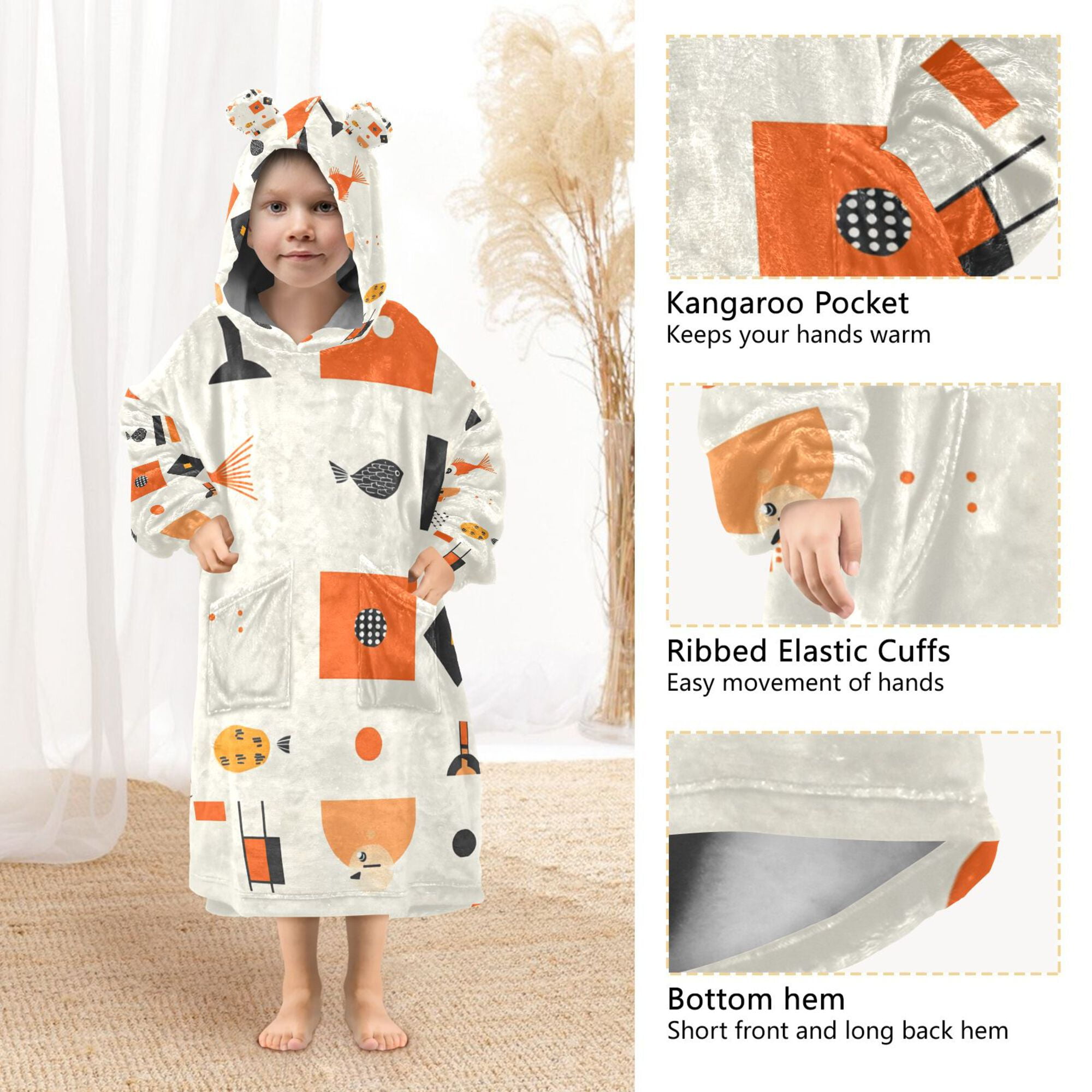 FORMRS Wearable Blanket Hoodie with Sleeves for Kids Cozy Flannel Sweatshirt, Minimalist Geometric Pattern