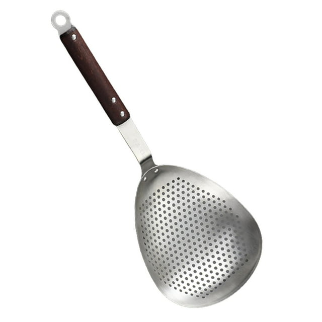 Espumadera de acero inoxidable, cuchara ranurada, colador de alimentos, cucharón, cuchara para freír Mango de madera de 388 cm.