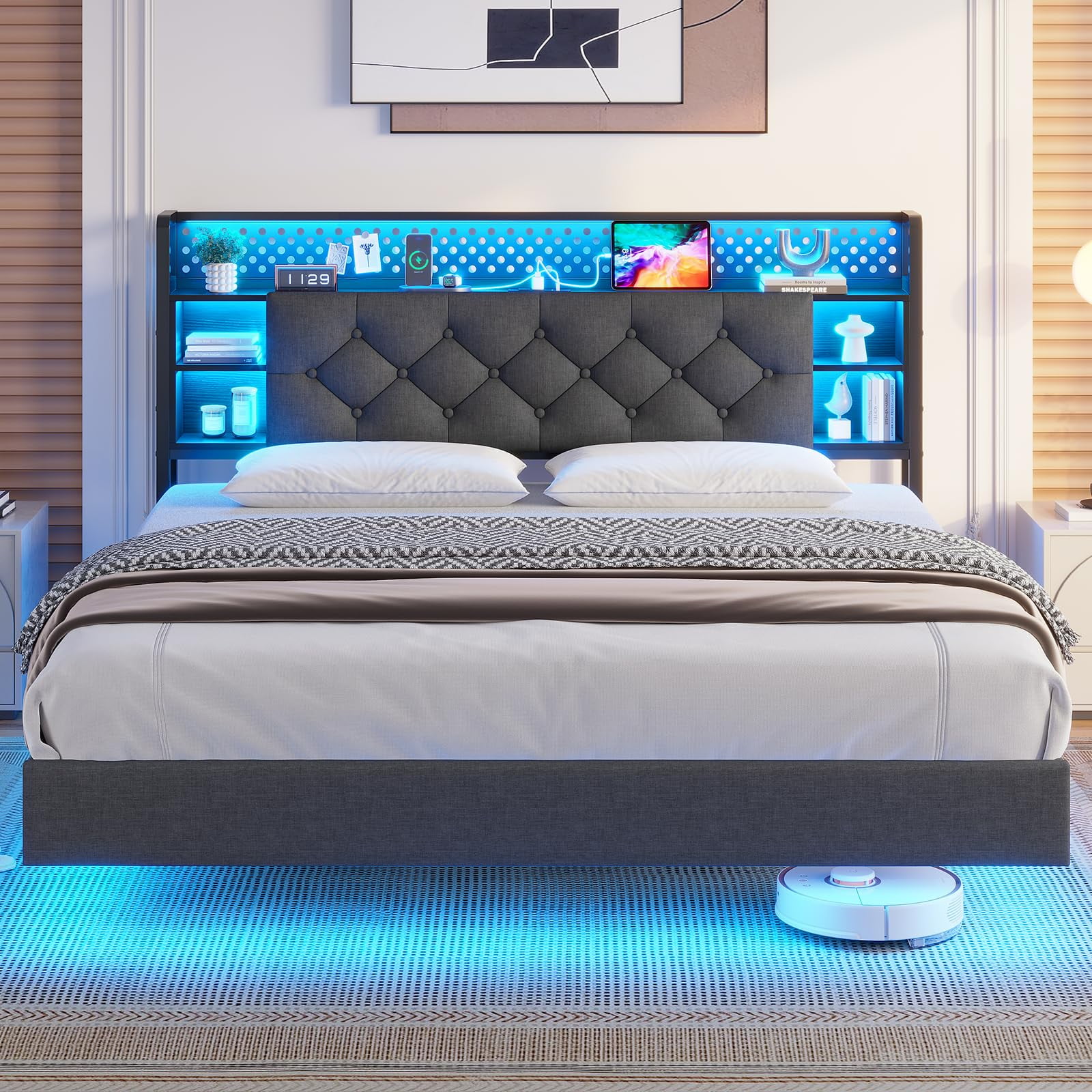 Floating Bed Frame Full Size with LED Lights Headboard, Visual Floating LED Bed Frame with Hidden Storage and USB Port Charing Station, No Box Spring Needed, Dark Grey