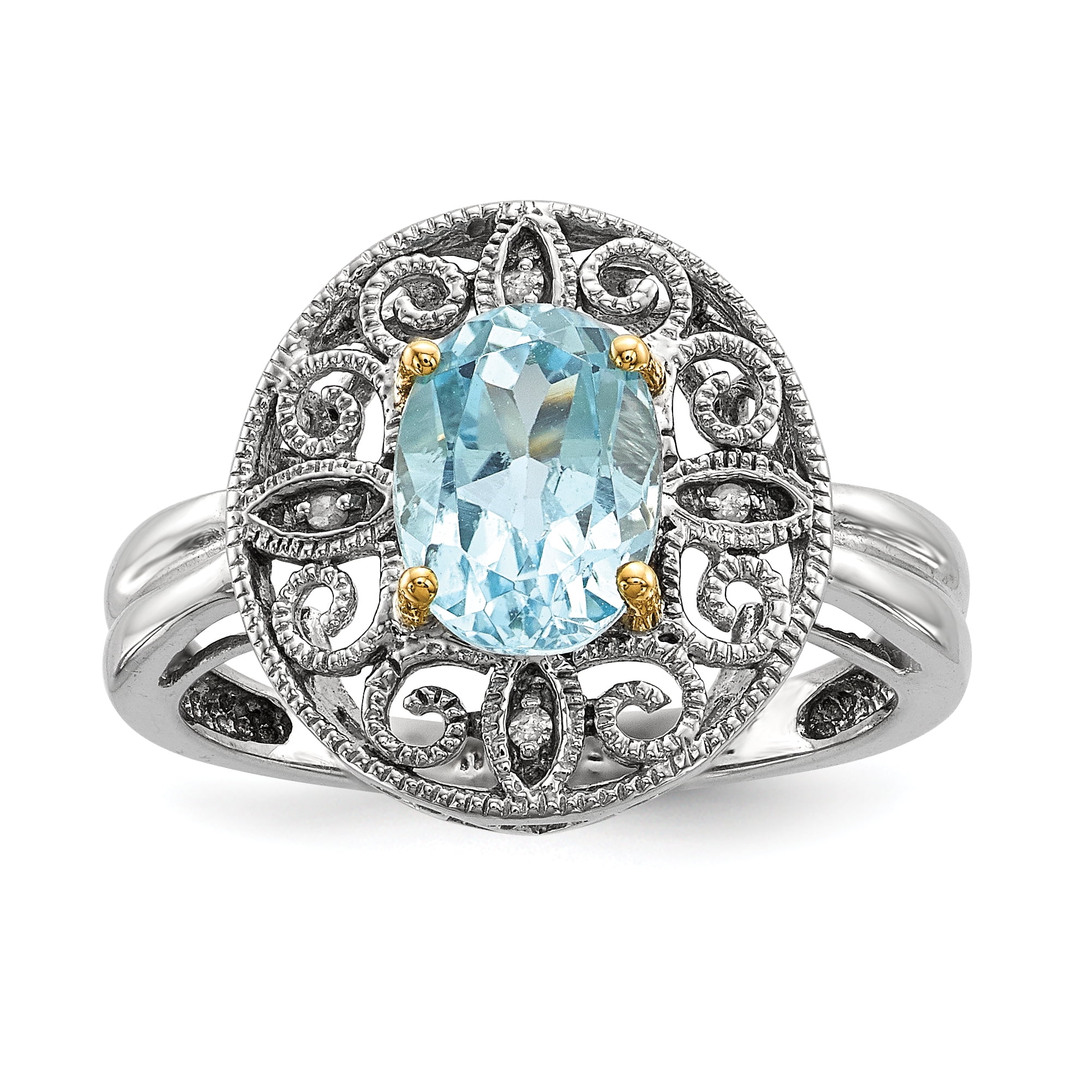 Sterling Silver 4 MM 925 and Gold-tone Accents Sky Blue Topaz and Diamond Ring