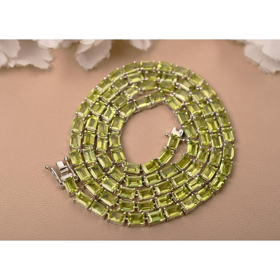 Handmade Octagon Cut Peridot Tennis Necklace, Peridot Necklace For Bridal Wedding Gift,925 Sterling Silver Tennis Necklace Gift For Mother.