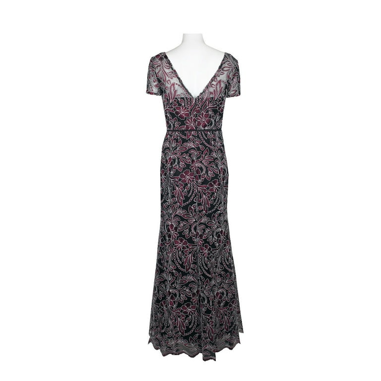 JS Collections Boat Neck Short Sleeve V Back Zipper Back Embroidered Mesh Dress CABERNET BLACK 4 Walmart