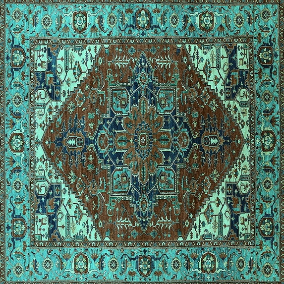 Ahgly Company Machine Washable Indoor Square Oriental Turquoise Blue Industrial Area Rugs, 5' Square