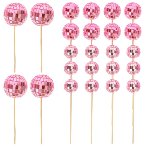 UPKOCH Disco Mirror Ball Cake Toppers for Decoration Pink Color Foam and Bamboo Material 24 Pieces