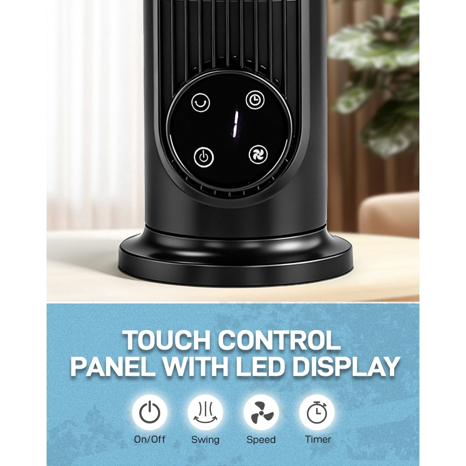 Tower Fan, 110V, 25W, 16 Inch Mini Column Tower Fan, Touch Control with Remote, Plastic Body, Copper Motor, Black, 3 Speed, Oscillating, 9-Hour Timer, Floor & Wall Mount for Home Use