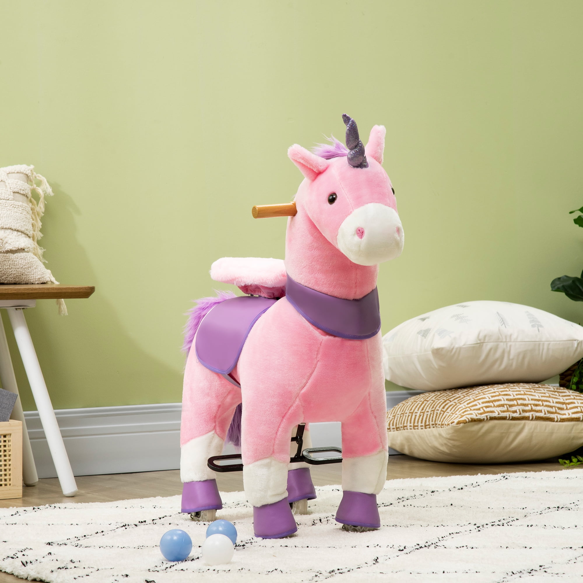 Kids Bikes Qaba Ride On Real Walking Unicorn with Sparkly Horn, Soft Plush Ride On Rocking Horse Bearing 176lbs, Imaginative Interactive Toy for Kids, Unicorn Gifts,Kids Riding Toys