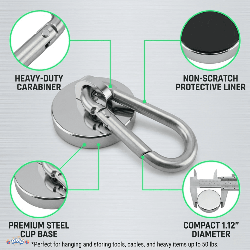 PMU 24 Pcs Strong Magnetic Hook with Swivel Carabiner Clip – Heavy Duty Magnet Hook Holds Up to 50 Lbs for Locker, Cruise Cabin, Home, Office, Refrigerator & Garage Use