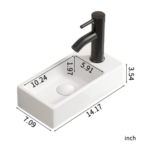 Small Rectangular Wall Hung Basin Sink, 14x7x3 Inch Vitreous China Cloakroom Wash Basin, White High Gloss Glaze, Left Hand Tap Hole, Without Tap & Drain