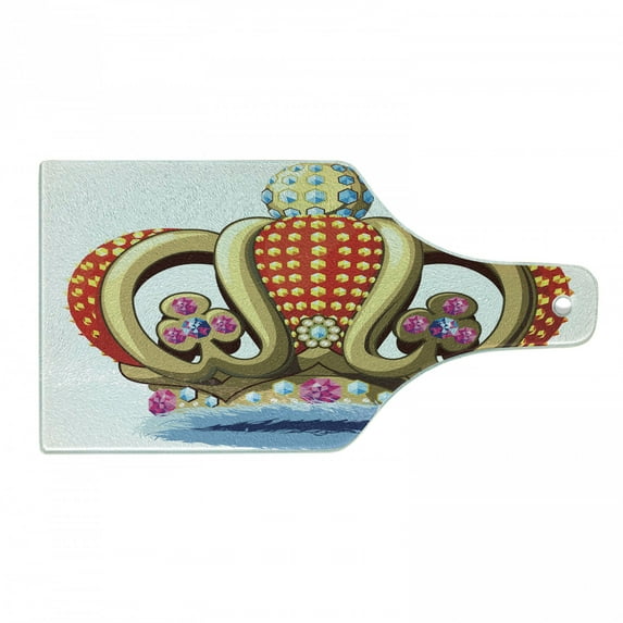 King Cutting Board, Royal Family Nobility Theme Crown with Colorful Graphic Gem Ornaments Image Print, Decorative Tempered Glass Cutting and Serving Board, Wine Bottle Shape, Multicolor, by Ambesonne