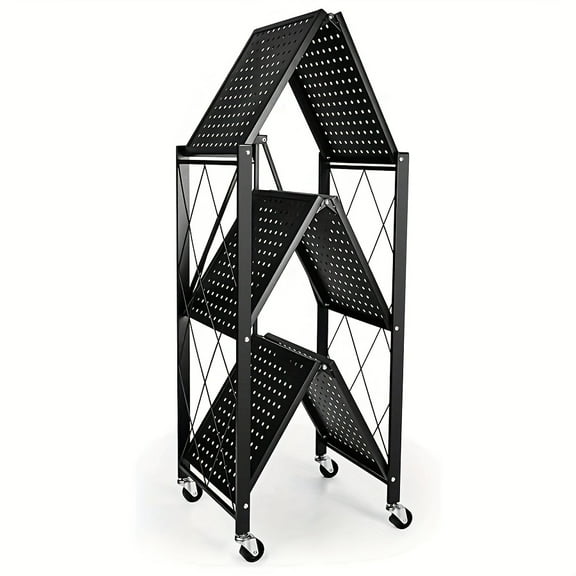 [750 lb Heavy-duty Storage Rack] Heavy-duty 3-Layer Foldable Metal Storage Rack with Wheels | 750 lb Capacity, Movable Organization for Garage & Kitchen | Black Integrated Storage Rack