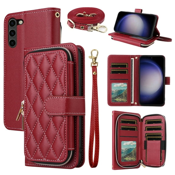 Dswteny Argyle Wallet Case for Samsung Galaxy S23 5G with Wrist Strap Shoulder Strap, Zipper Flip Credit Card Holder Stand Cell Phone Cover for S 23 23S GS23 G5 SM-S911U 6.1 inch Women Girls Red