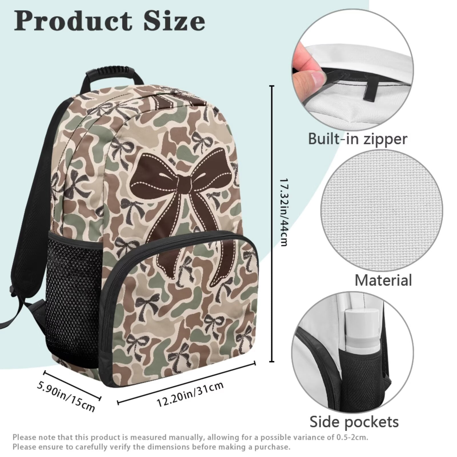 Pzuqiu Camo Bow Print 4 Pieces Backpack Set with Insulated Lunch Box Pencil Case 2pcs Bookmark Lightweight School Bags Set 17 Inch Bookbags for Kids Back to School