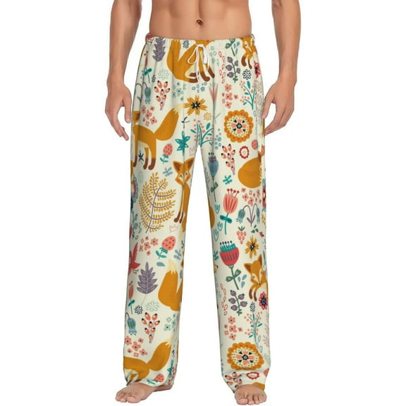 Daiia Whimsical Fox Floral Garden Men's Sleep Pant with Pockets and Drawstring,Pajama Pants-Medium