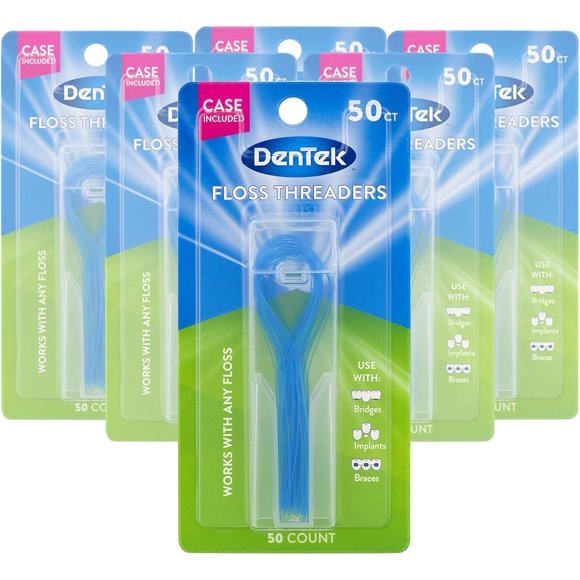 Dentek Embouts de Fil Dentaire avec Étui, Fonctionne avec Tout Fil Dentaire, Fonctionne avec Bridges, Implants et Appareils Orthodontiques, 50 Unités par Paquet, 6 Paquets au Total