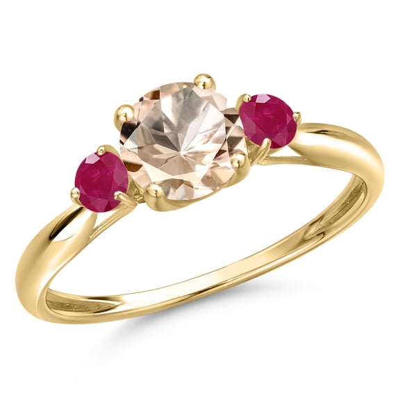 Gem Stone King 10K Yellow Gold Peach Morganite and Red Ruby 3-Stone Ring for Women | 0.91 Cttw | Round 6MM | Gemstone October Birthstone | Size 9