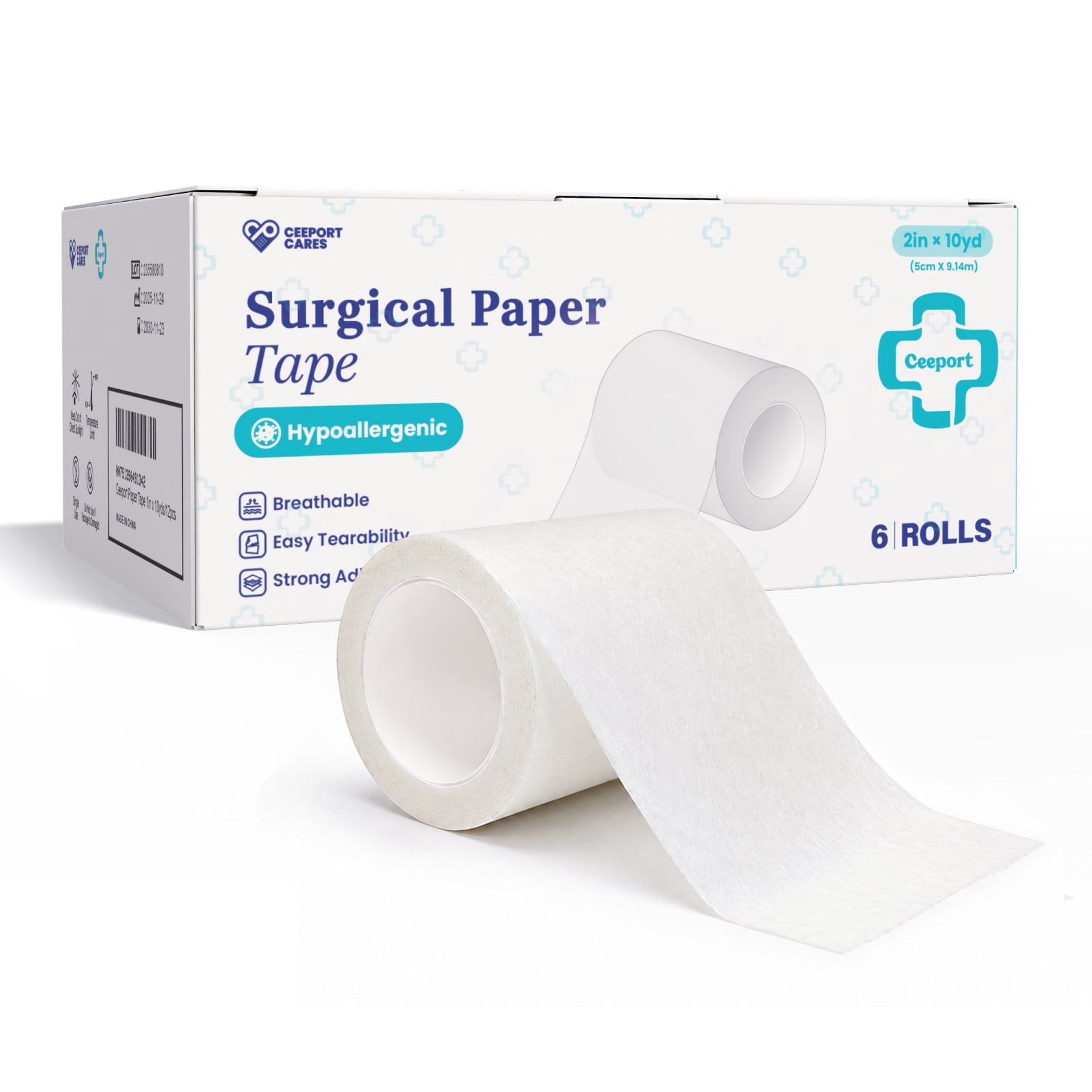 Ceeport Paper Surgical Tape 6 Rolls, 2" x 10 Yards Medical Paper Tape for Wound Care Latex-Free & Hypoallergenic Soft Gauze Tape