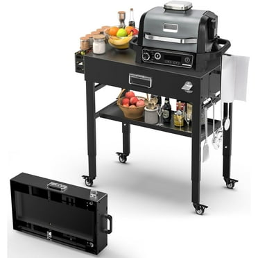Portable Grill Table Cart with Adjustable Height (28" & 34") & 4 Swivel Wheels for Ninja Woodfire Grill (OG700 Series), Blackstone Griddle, Ooni Pizza Oven – Universal Foldable Outdoor Grill Stand