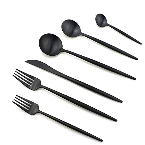 Gugrida Luxury Silverware Royal Cutlery Set - 24 Piece Flatware Set - Service For 4 Superior Quality 18/10 Stainless Steel - Matte Black Finish w/Drinking Straw