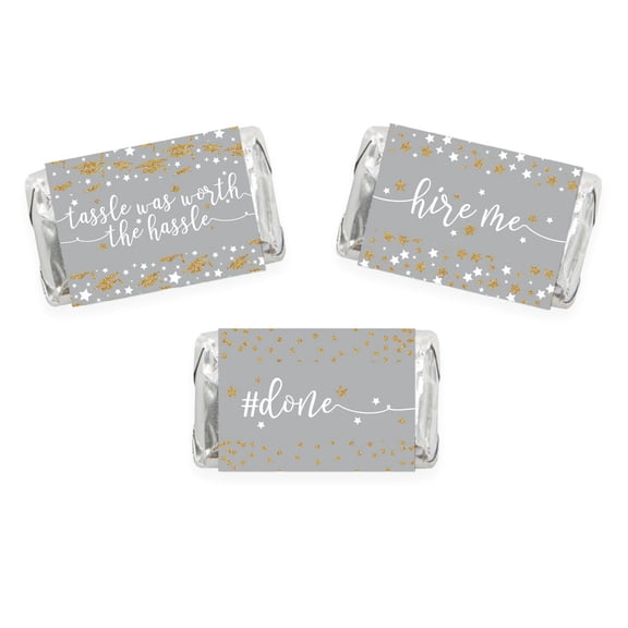 Gray and Gold Glittering Graduation, Chocolate Minis Labels, Fits Hershey's Miniatures Party Favors, 36-pack