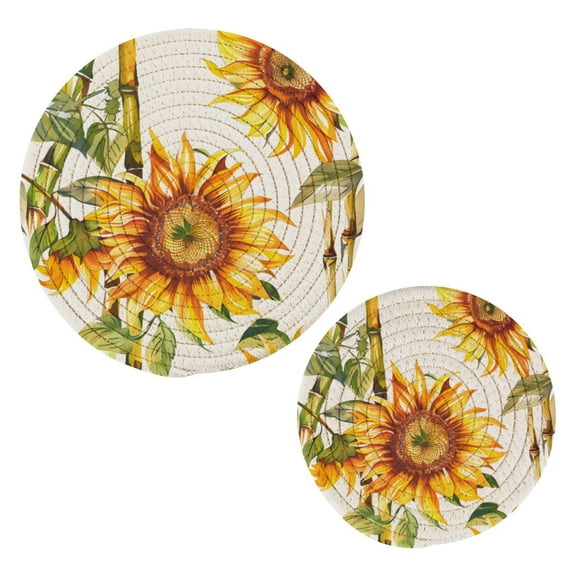 Sunflower and Bamboo Pot Holders Trivets Set of 2 Cotton Hot Pads Mats for Hot Dishes Pots Pans Kitchen Cooking 7" 9.5"