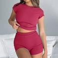 thumbnail image 2 of LZHGirlshop 2 Piece Sets for Women Casual Spring and Summer Slim Outfits Short Sleevele Round Neck Blouses Tops Elastic Waist Shorts Solid Color Sets, 2 of 10