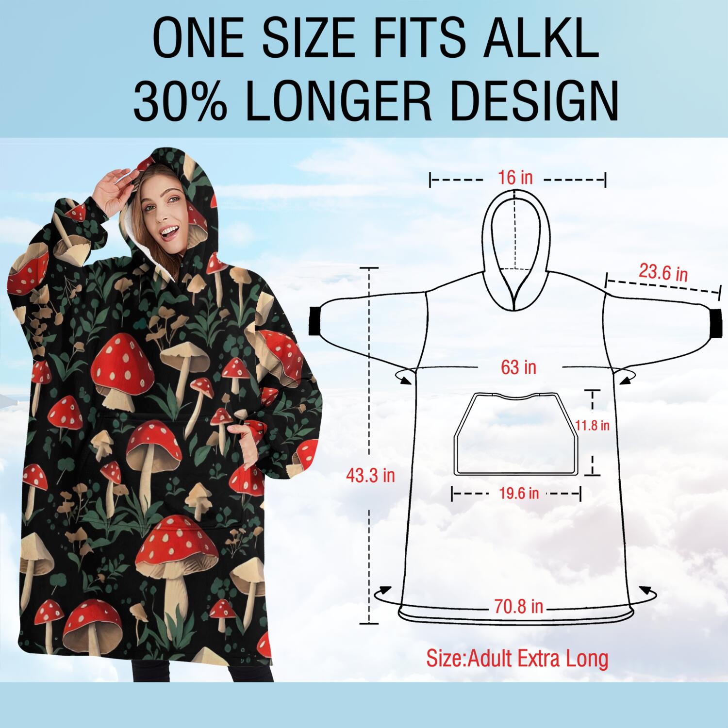 Oversized Wearable Blanket Hoodie,Red Mushroom Leaf Black Pattern Sherpa Blanket Hoodie with Super Pockets,Super Warm Fuzzy Pullover for Women & Men