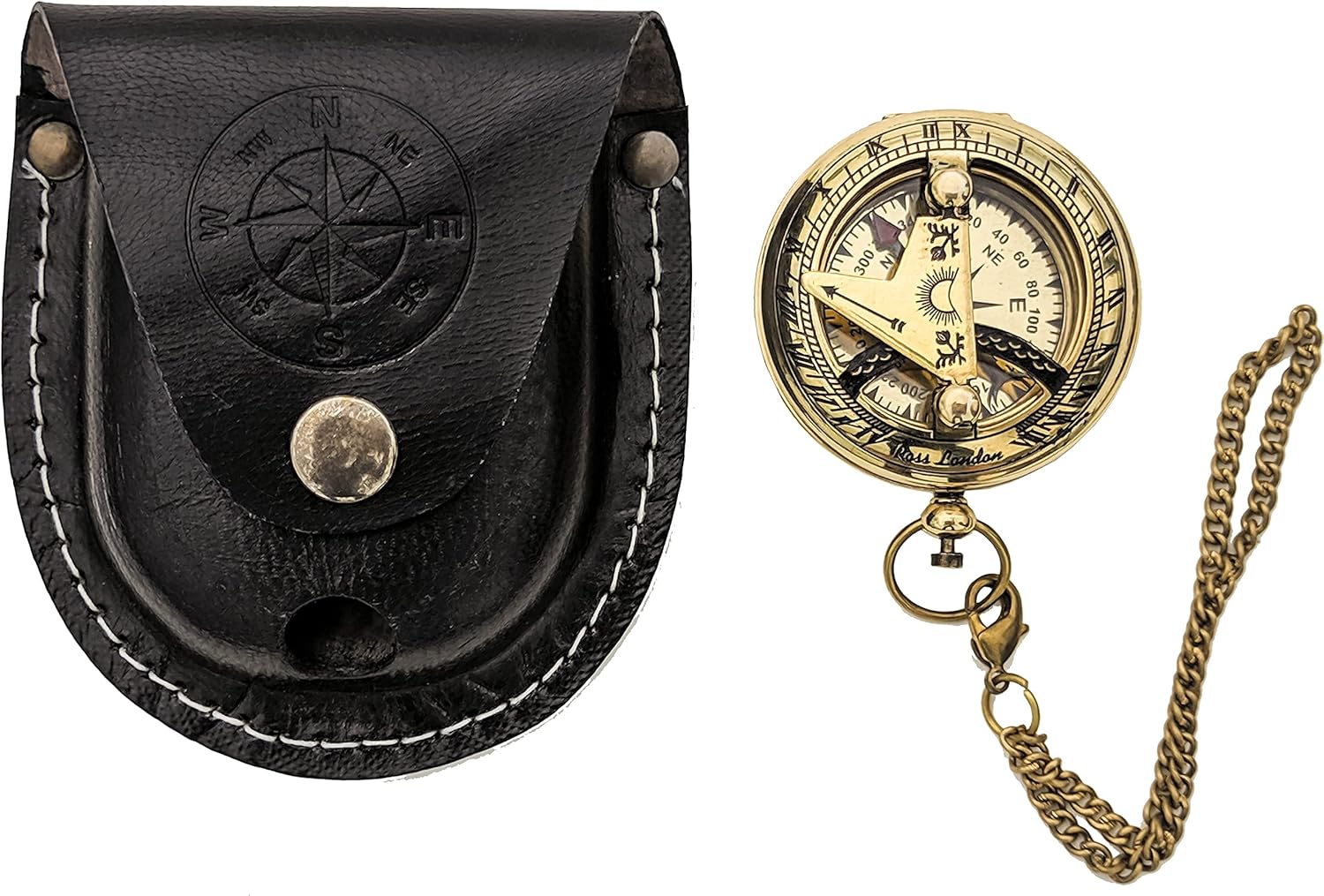 Brass Sundial Compass with Leather Case and Chain - Push Open Compass