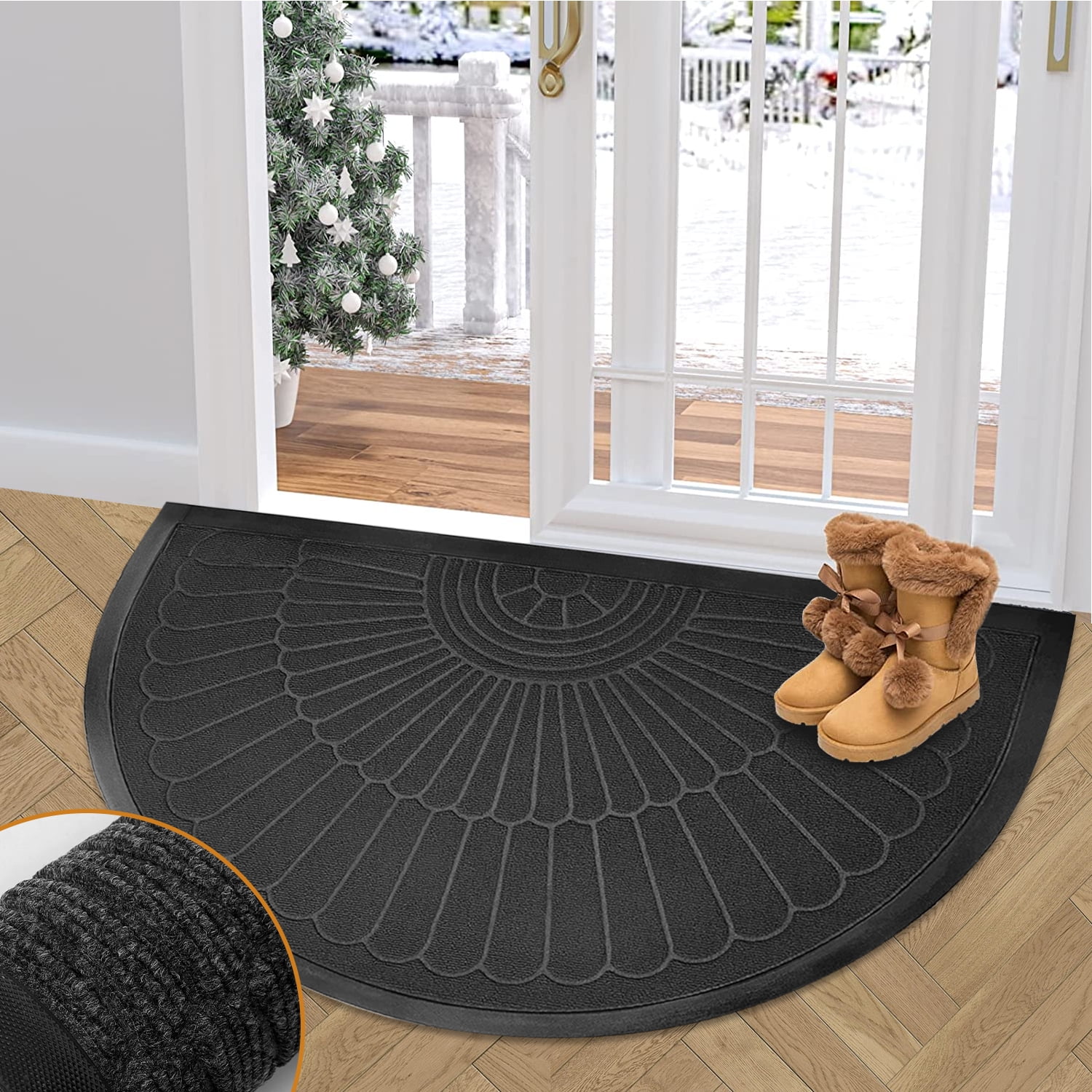 Gray Semicircle Door Mats Outdoor, Durable Rubber Mats Front