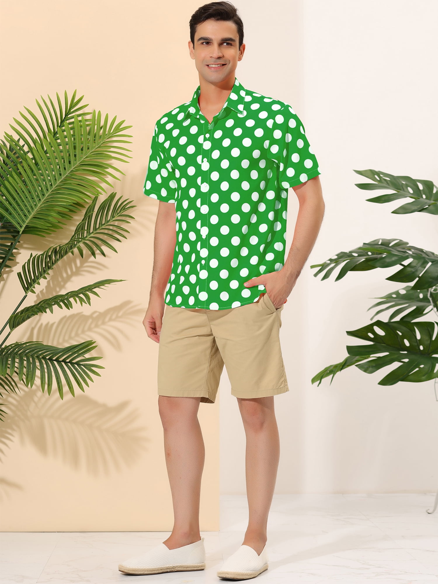 Unique Bargains Men's Summer Polka Dots Shirt Button Down Short Sleeves Shirts 2XL Green