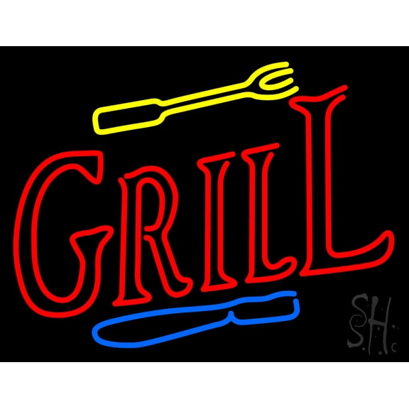 Grill With Fork And Knife LED Neon Sign 24 x 31 - inches, Black Square Cut Acrylic Backing, with Dimmer - Bright and Premium built indoor LED Neon Sign for restaurant window and interior decor.