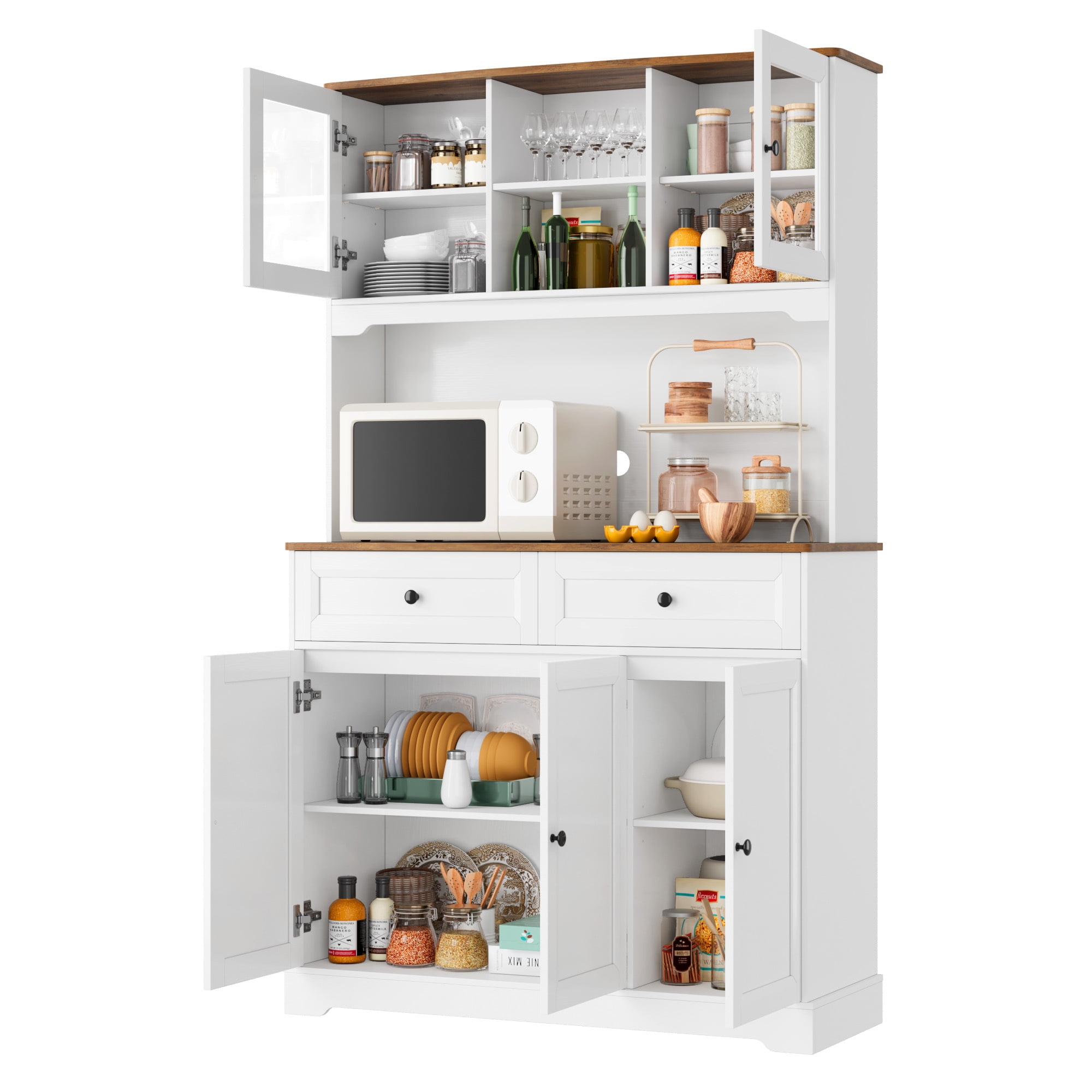 Homfa 71'' Kitchen Pantry Buffet Hutch, Freestanding Storage Cabinet with Countertop & Adjustable Shelves, Food Cupboard with Doors and Drawers, White