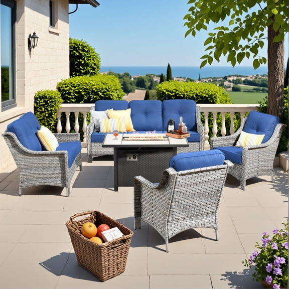 Odelio 5-Piece Wicker Patio Conversation Set with Propane Fire Pit Table, All-Weather PE Rattan Outdoor Furniture Set, High Back Patio Seating for Backyard, Navy Blue Cushions