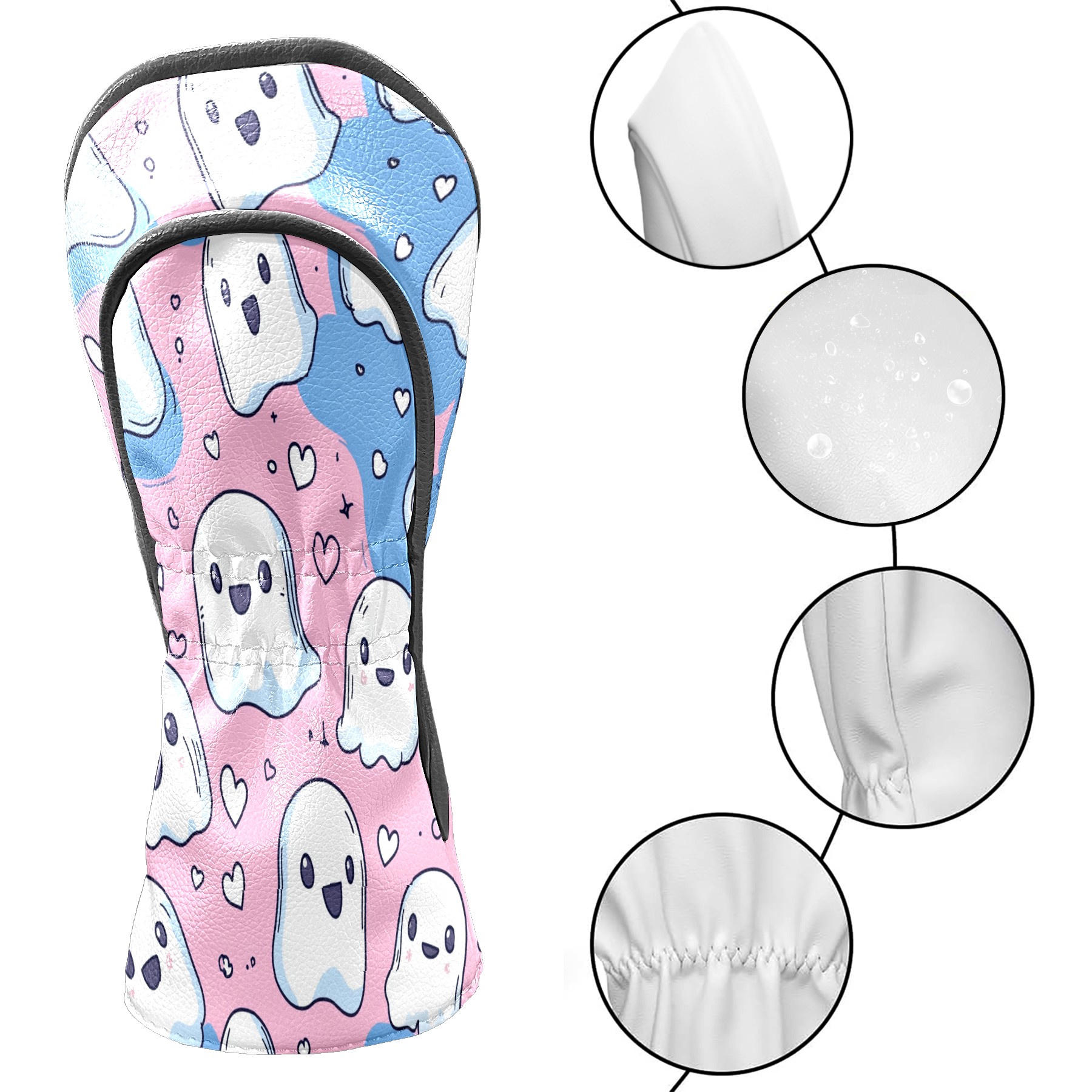 Golf Club Covers, PinkBlue Heart Ghosts Premium PU Leather Driver Hybrid Putter Head Covers with Velvet Lining, Waterproof Golf Gifts for Men Women