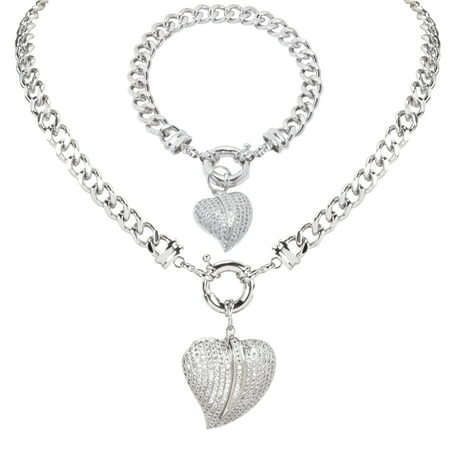 EZI Rhodium-Plated Heart Shape CZ Cubic Zirconia Women’s Costume Jewelry Chain-Link 17” Choker Necklace and Charm Bracelet