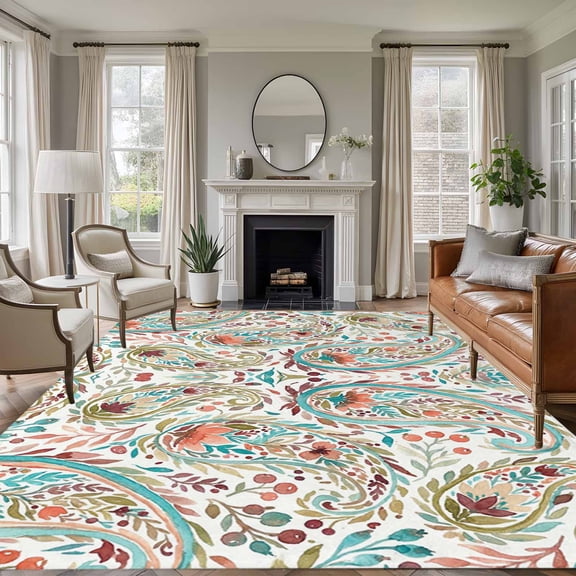 Rectangle Area Rugs 5 x 7 Ft, Boho Flower Non-Slip Residential Carpet, Spring Watercolor Botanical Paisley Floral Leaf Indoor Crawling Mats Runner Rugs for Living Room/Dining Room/Bedroom