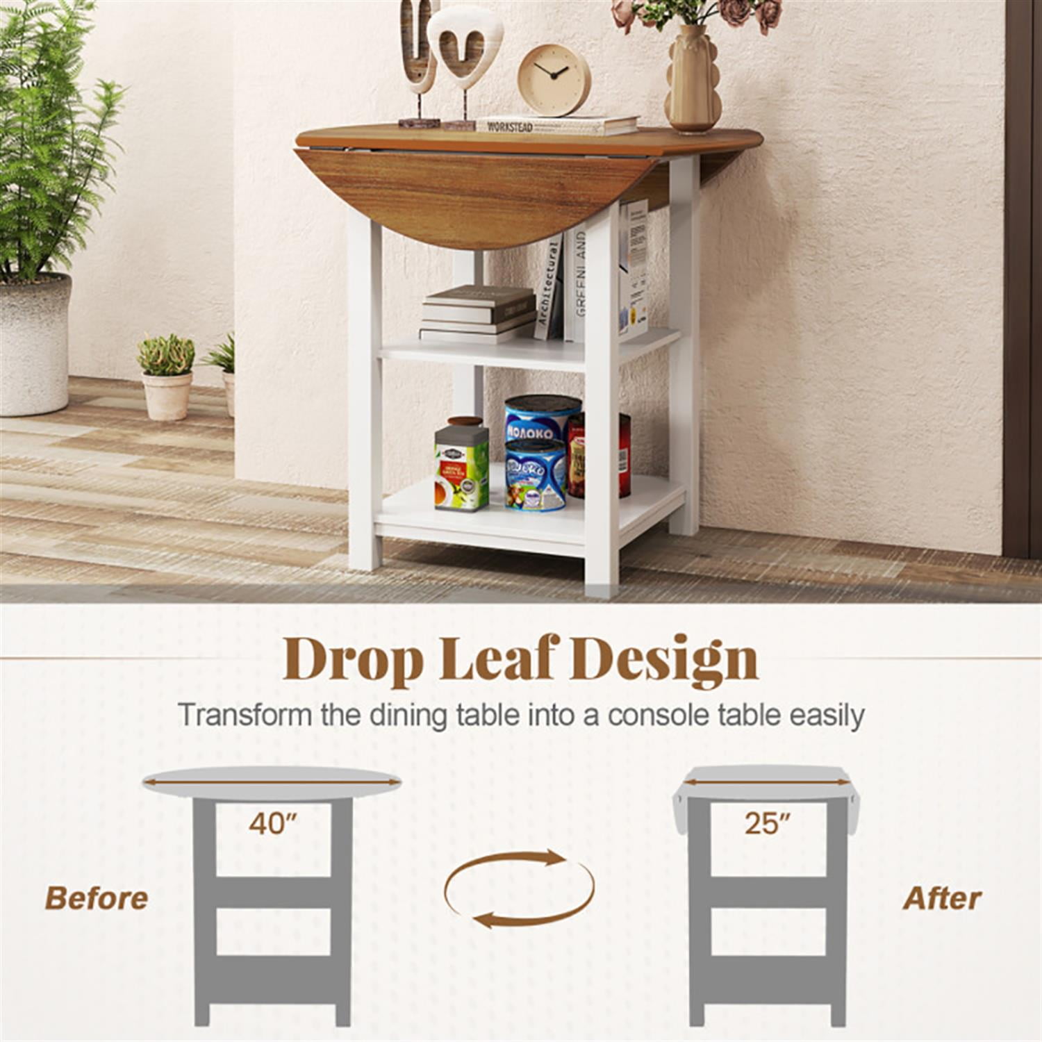 Demi Bonn 40" Modern Dining Table with 2 Shelves, Kitchen Table for 2-4 People, Folding Round Dinner Table for Home Office, Living Room Furniture, Brown