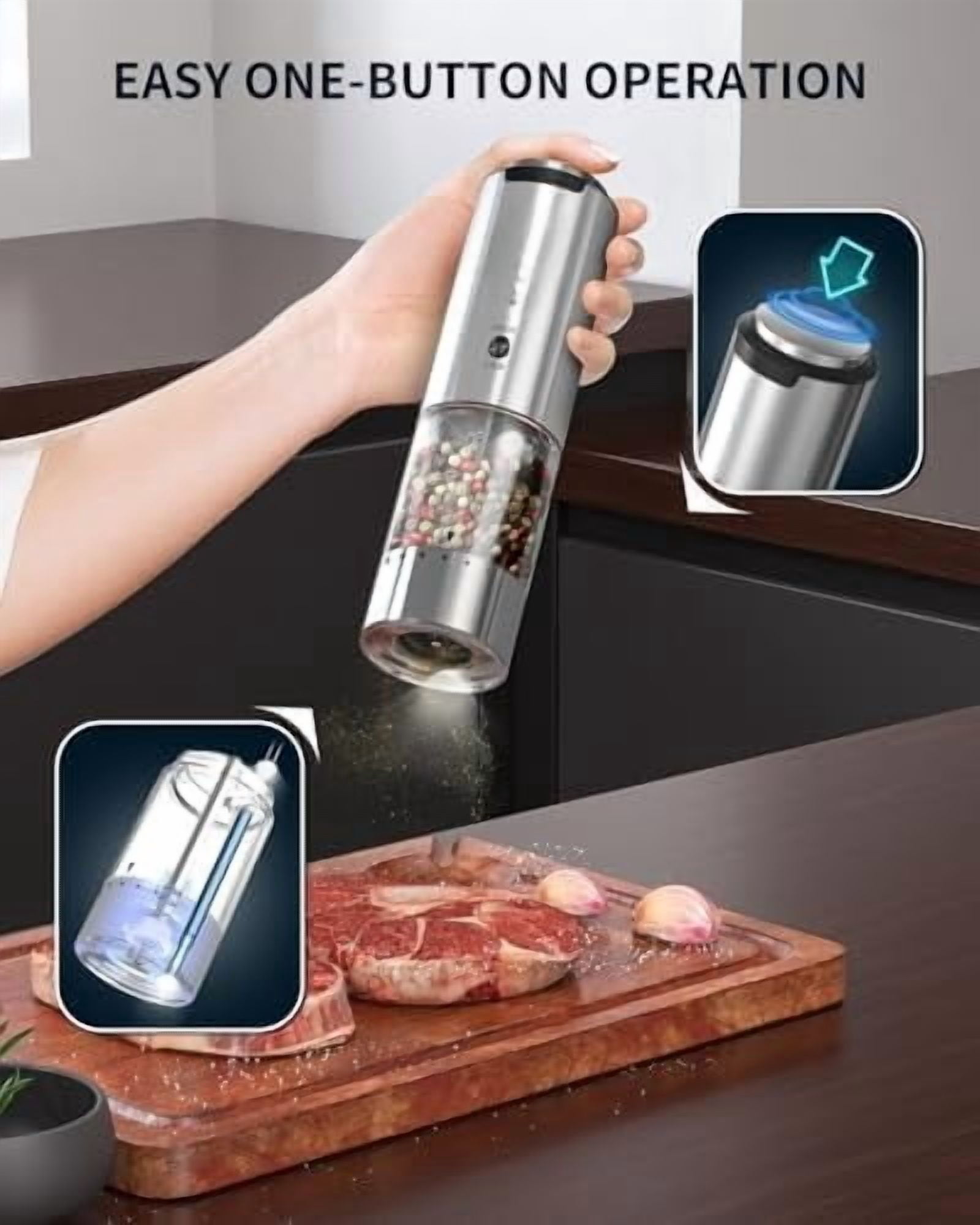 Electric Pepper Grinder Stainless Steel Rechargeable Pepper Mill with Variable Grinding Speed, External Adjustable Coarseness, 95ml Container and White LED Light, Silver