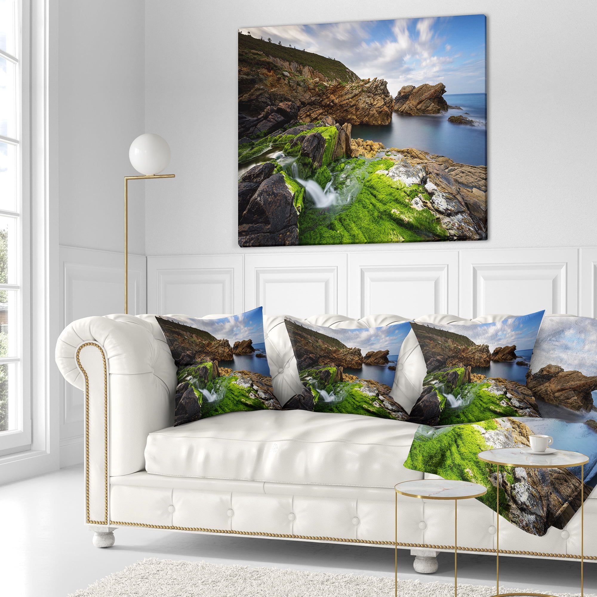 Designart Rocks and Waterfall in Spanish Coast - Seashore Photo Throw Pillow - 16x16