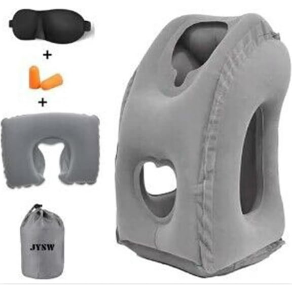 Inflatable Travel Pillow,U-Shaped JYSW Portable Airplane Pillow Multifunctional Neck and Head Support Lap Pillow for Airplanes Trains Buses and Office Napping with Eye Mask, Earplugs, Grey