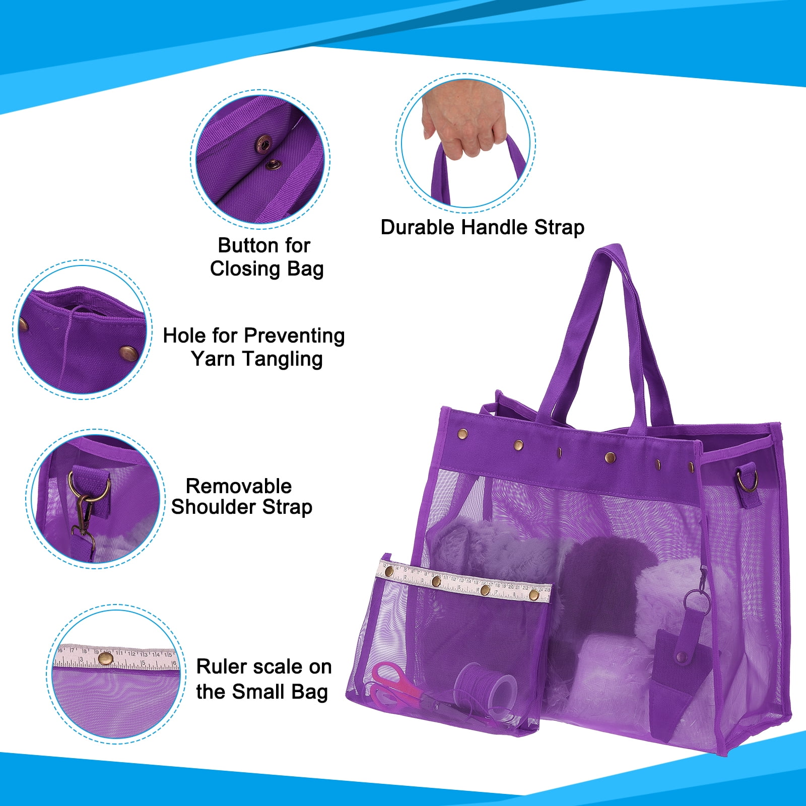 Uxcell Crochet Bag for Yarn Storage, Large Size Knitting Organizer Detachable Mesh Yarn Case Holder with Strap, Purple