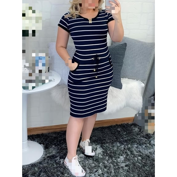 Women's Casual Striped Short Sleeve Shirt Dress With Drawstring Waist And Pockets Elegant Summer, Work To Weekend
