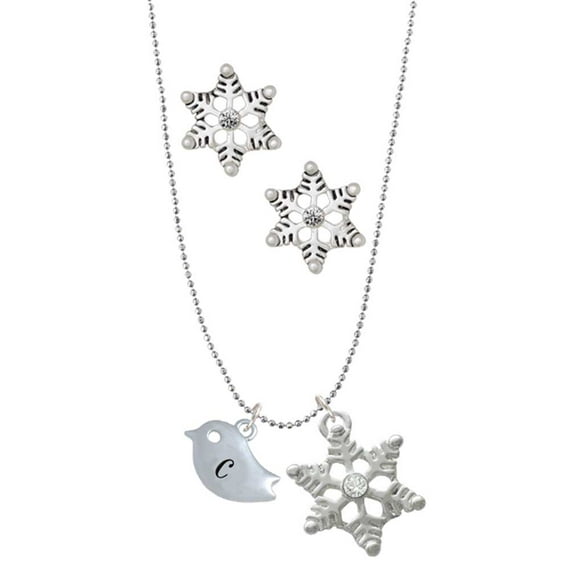 Delight Jewelry Silvertone Little Bird Initial - C - Silver tone Snowflake Charm Necklace and Stud Earrings