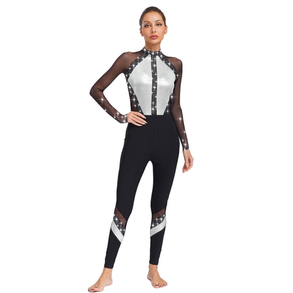 Oyolan Women Rhinestone Gymnastics Leotard Unitard Color Block Long Sleeve Jumpsuit Figure Skating Jumpsuit Catsuit White XXL