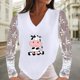 thumbnail image 3 of Mujeres Casual Vaca Impreso Cuello en V Encaje Empalme Manga larga Jersey Blusa Camiseta Tops Fridja  hkj4349, 3 of 8