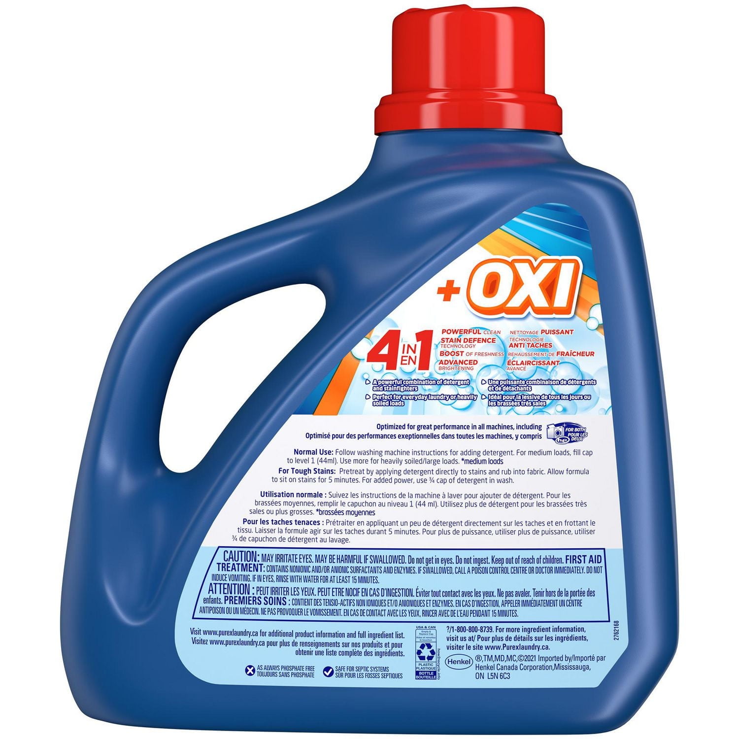 Purex plus oxi 4 en 1 détergent à lessive liquide concentré, 4,08 litres, 92 brassées