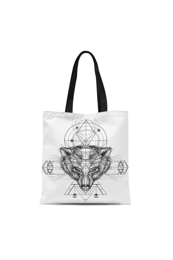 Canvas Tote Bag Front View of Bear Head Doodle Geometric Line Reusable Shoulder Grocery Shopping Bags Handbag