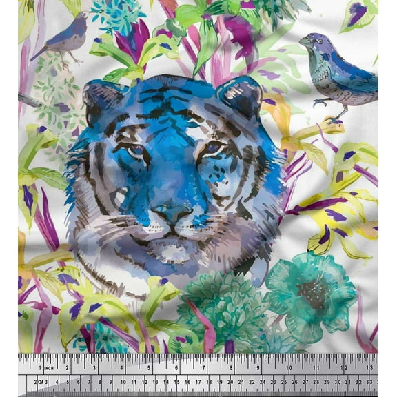 Soimoi Cotton Duck Fabric floral,bird & tiger face Animal Print Fabric by the Yard 42 Inch Wide