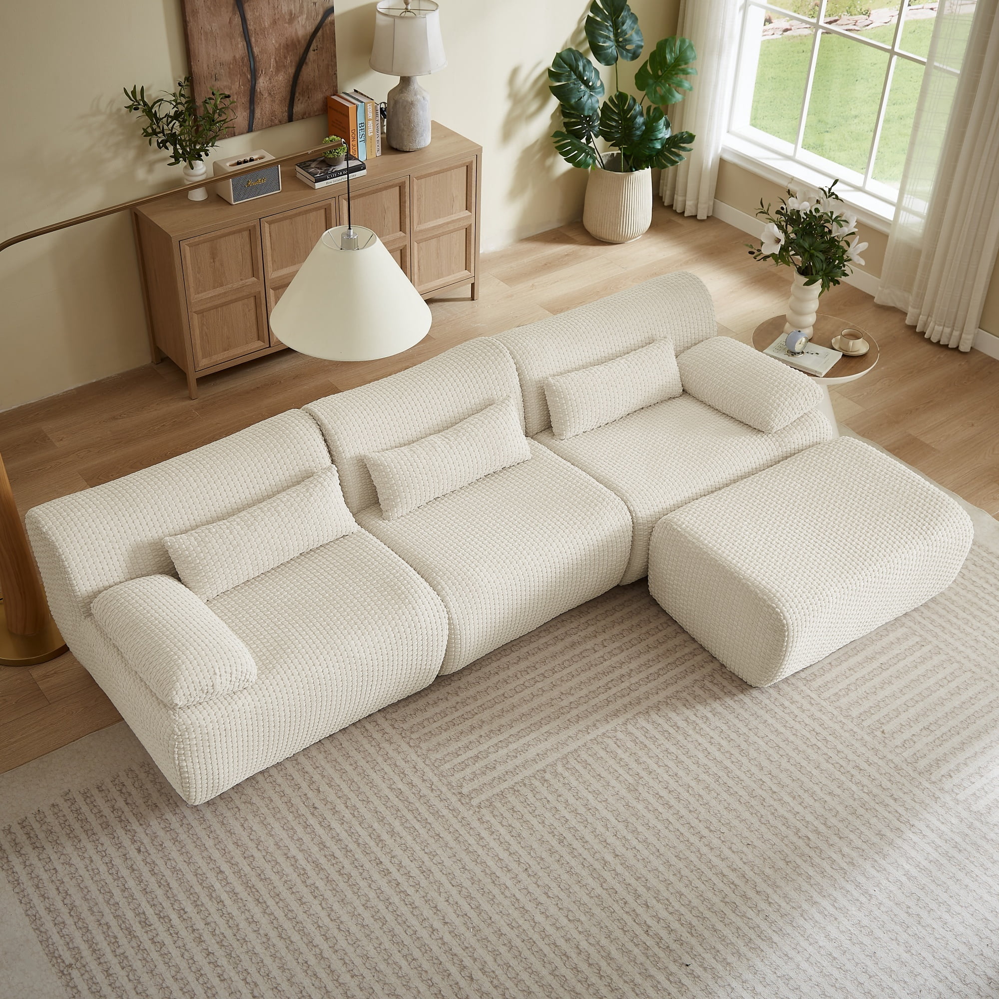 Modern L-Shaped No Assembly Floor 3-Seater Sectional Sofa, Cloud-Like Boneless Upholstered Couch with Ottoman, Living Room Modular Sofa Set