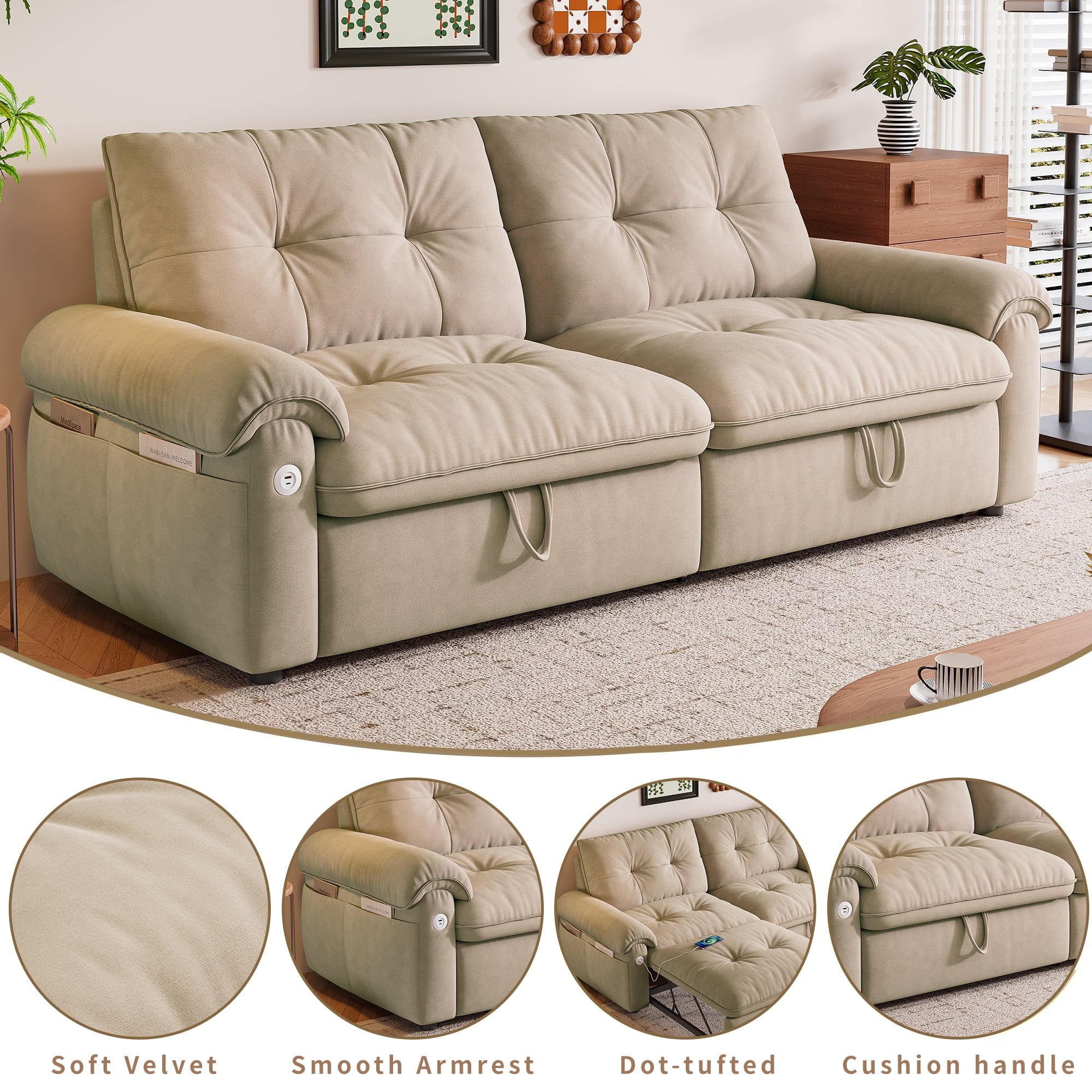 Kosynda 77"W Pull Out Couch with USB, 3 in 1 Convertible Sofa Bed with Storage Pockets, Folding Loveseat Sleeper Sofa for Living Room, Bedroom, Office, Small Space, Light Brown