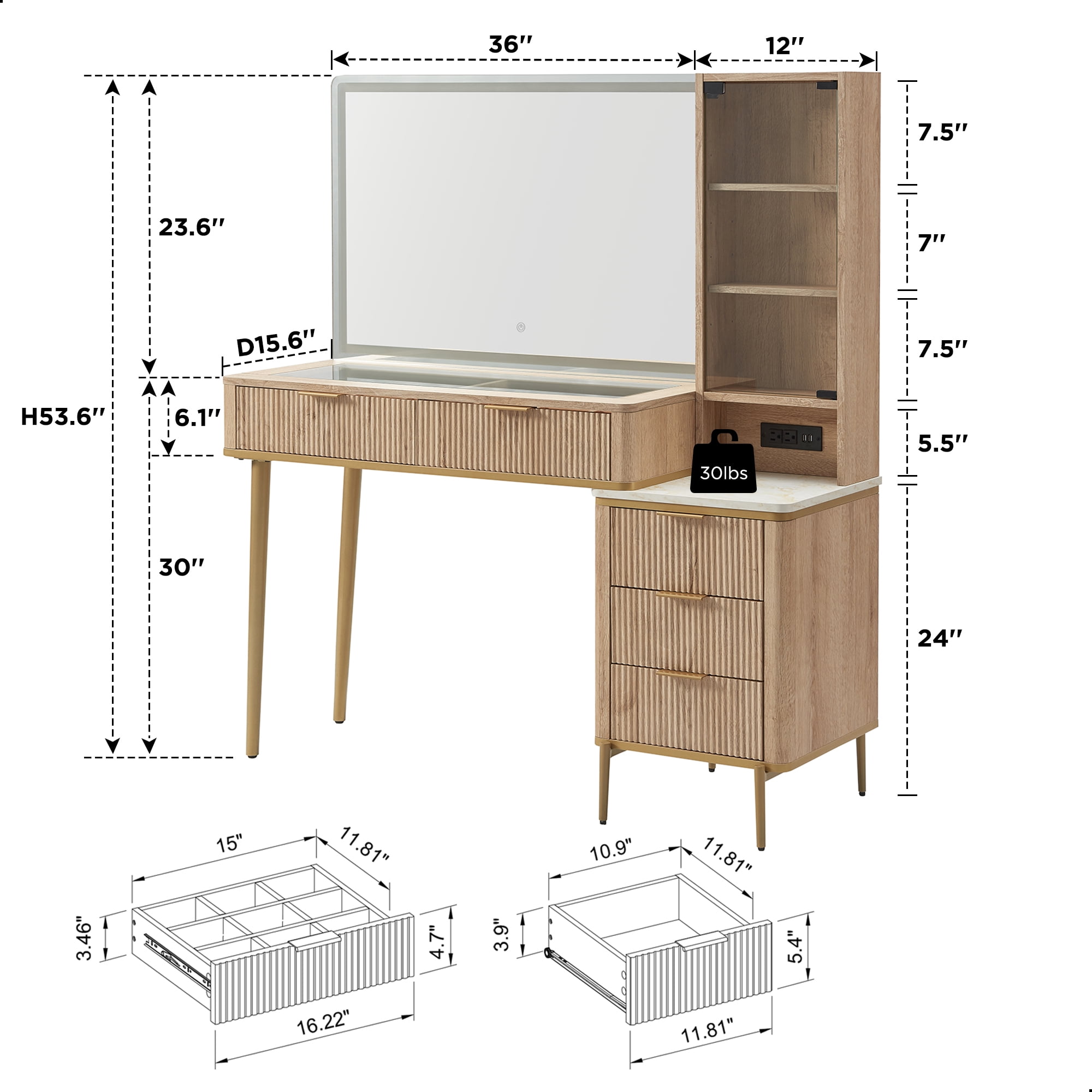 OKD Makeup Vanity Table with Lights and Mirror, Vanity Desk with 5 Drawers and Charging Station for Bedroom,Oak
